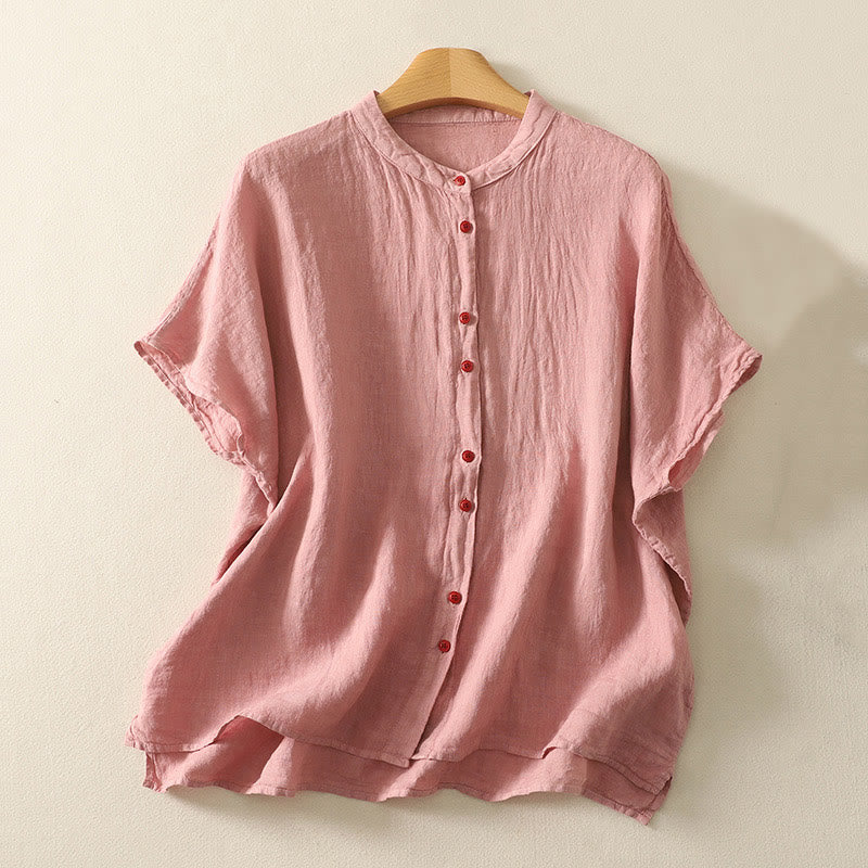 Buddha Stones Summer Plain Red Buttons Short Sleeve Women's Cotton Linen Shirt