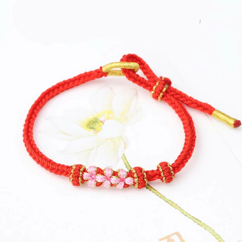 Buddha Stones Handmade Three Peach Blossoms Luck Eight Strands Braided String Bracelet