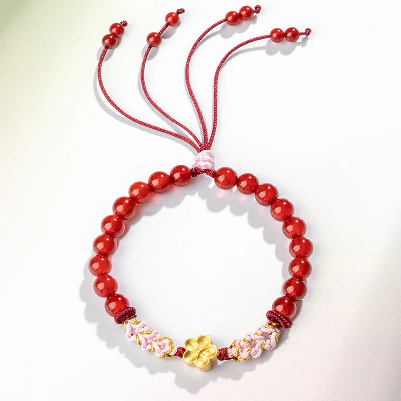 Buddha Stones 999 Sterling Silver Natural Red Agate Pink Crystal Cherry blossom Bracelet