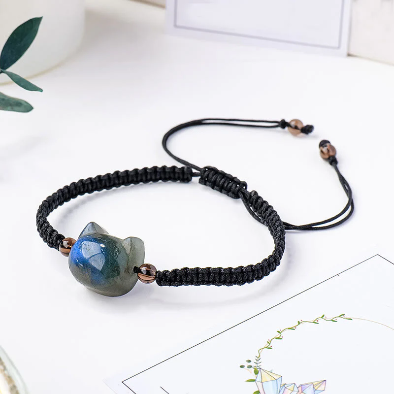 Buddha Stones Natural Labradorite Cute Cat Head Black Rope Healing Bracelet