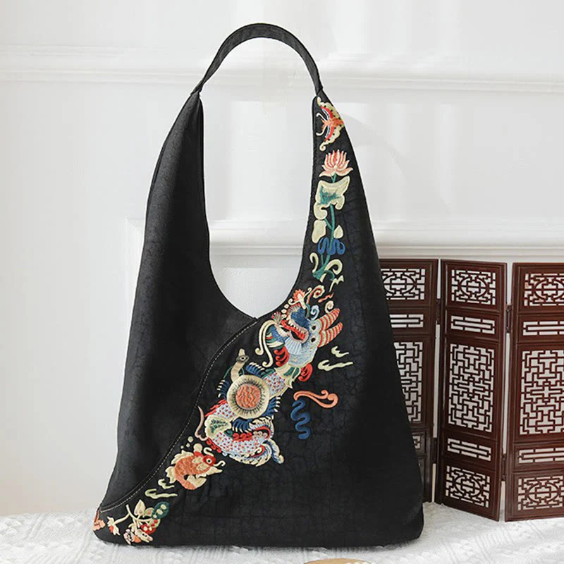 Buddha Stones Fish Flower Phoenix Embroidery Xiangyunsha Silk Shoulder Bag