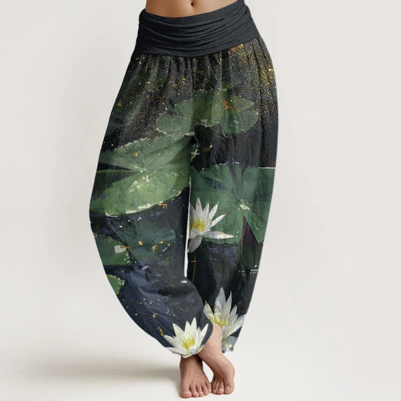 Buddha Stones Casual Lotus Leaves On The Lake Pattern Women's Elastic Waist Harem Pants