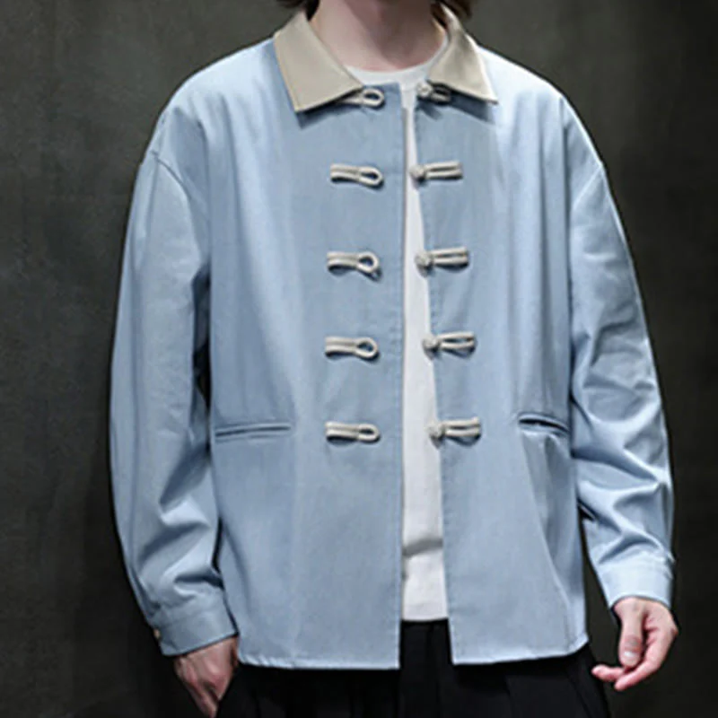 Buddha Stones Men's Frog-Button Cotton Long Sleeve Shirt With Pockets