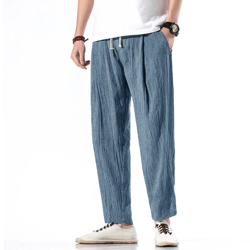 Buddha Stones Casual Plain Pleated Design Drawstring Men's Long Cotton Linen Harem Pants With Pockets