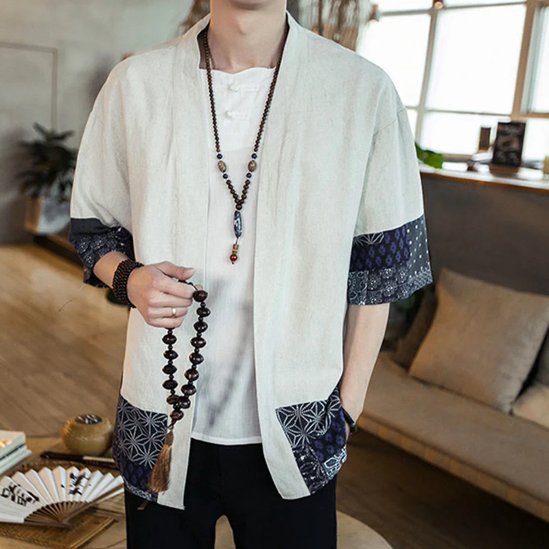 Buddha Stones Ethnic Printing Patchwork Design Open Front Jacket Cotton Linen Men's Kimono
