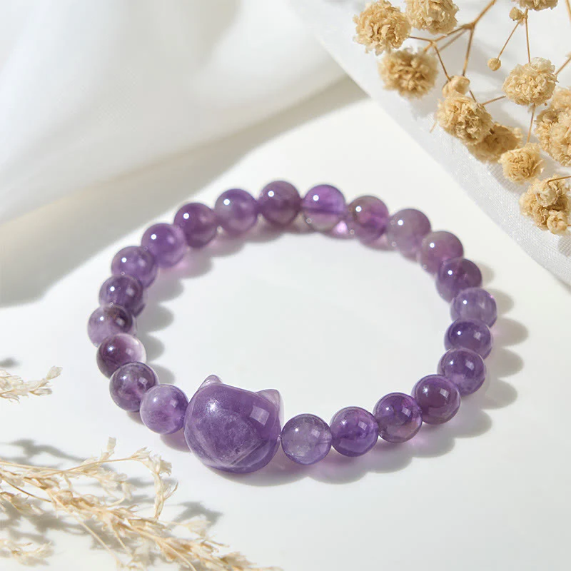 Buddha Stones Cute Cat Face Amethyst Spiritual Awareness Bracelet