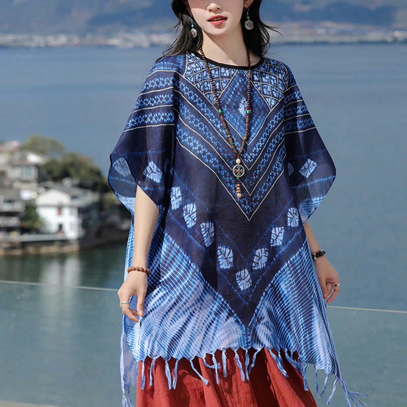 Buddha Stones Blue Triangle Stripes Batik Shawl Soft Pullover 90*95cm