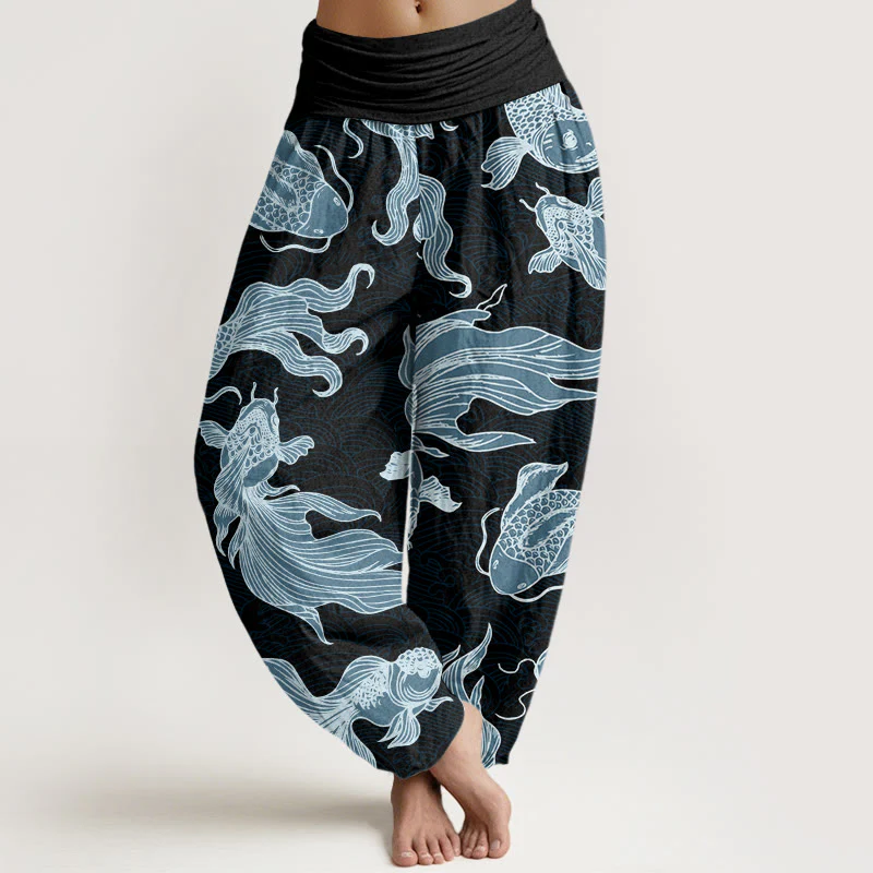 Buddha Stones Koi Fish Waves Pattern Design Women's Elastic Waist Harem Pants