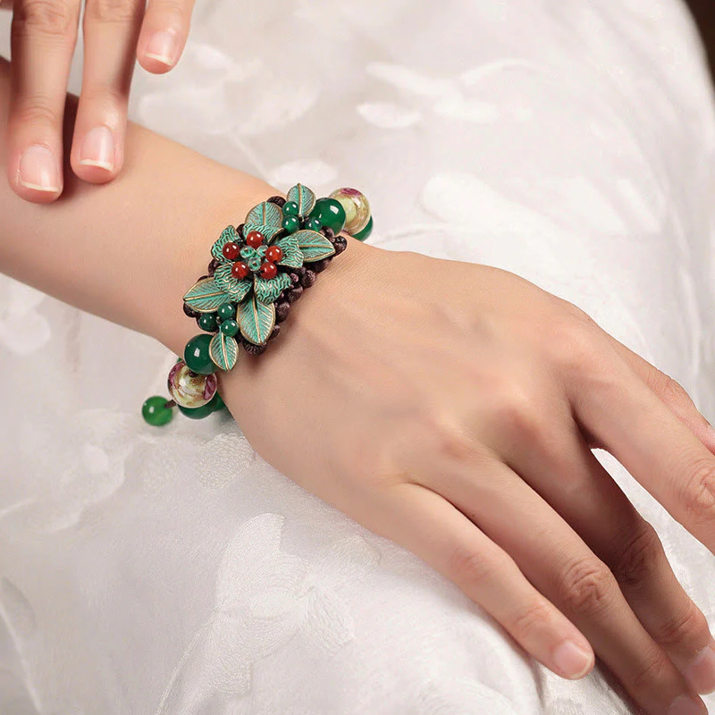Buddha Stones Green Agate Glass Flower Beads Braided Knot Support Bracelet