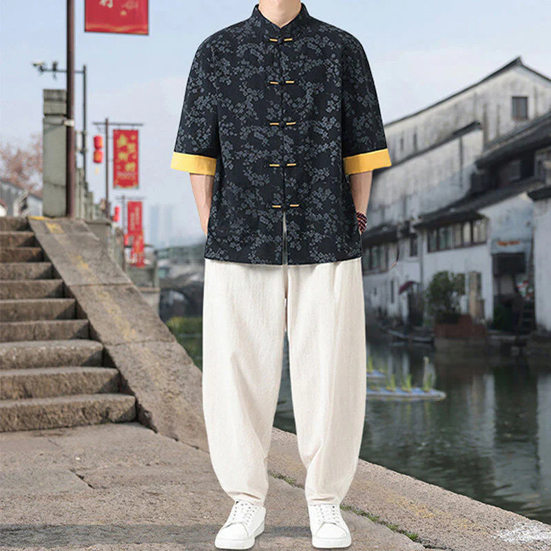 Buddha Stones Retro Printing Flower Pattern Frog-Button Design Stand Collar Men's Half Sleeve Cotton Shirt With Pockets