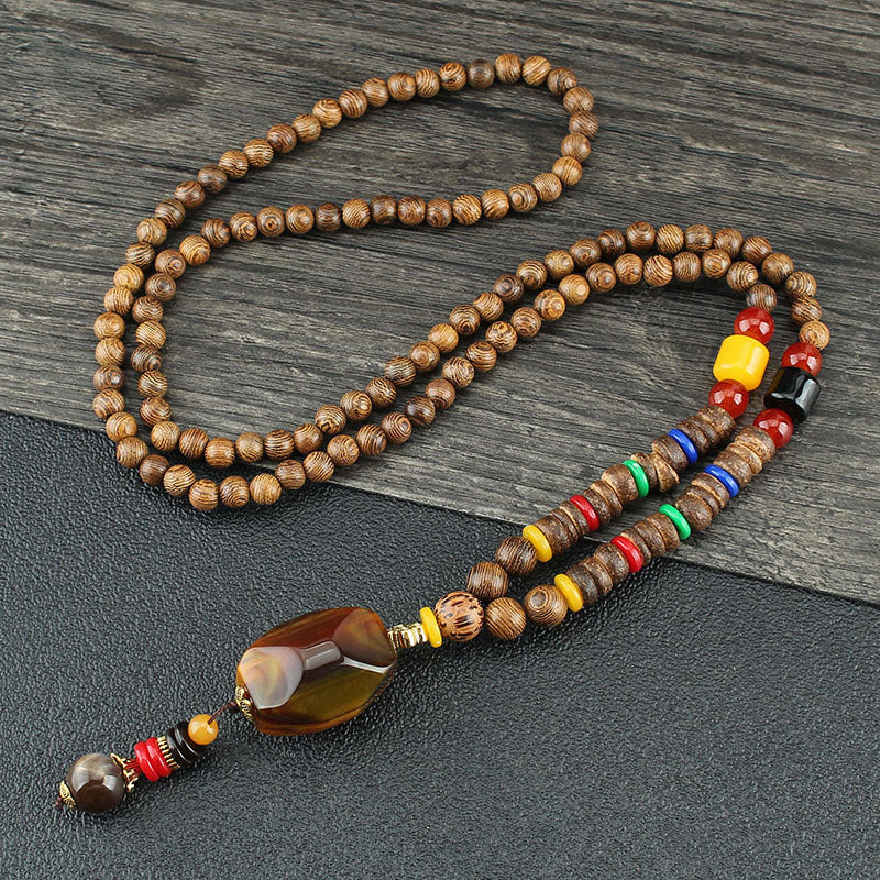 Buddha Stones Tibetan Wenge Wood Bodhi Seed Agate Balance Peace Necklace Pendant