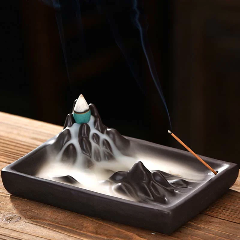 Buddha Stones Mountains Flowing Water Ceramic Blessing Backflow Incense Burner