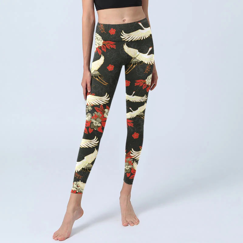 Buddha Stones Red-crowned Cranes Peony Flowers Pattern Print Gym Leggings Women's Yoga Pants