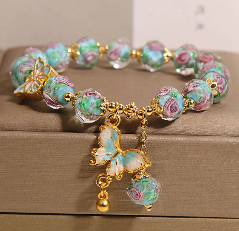 Buddha Stones Butterfly Charm Rose Flower Liuli Bracelet