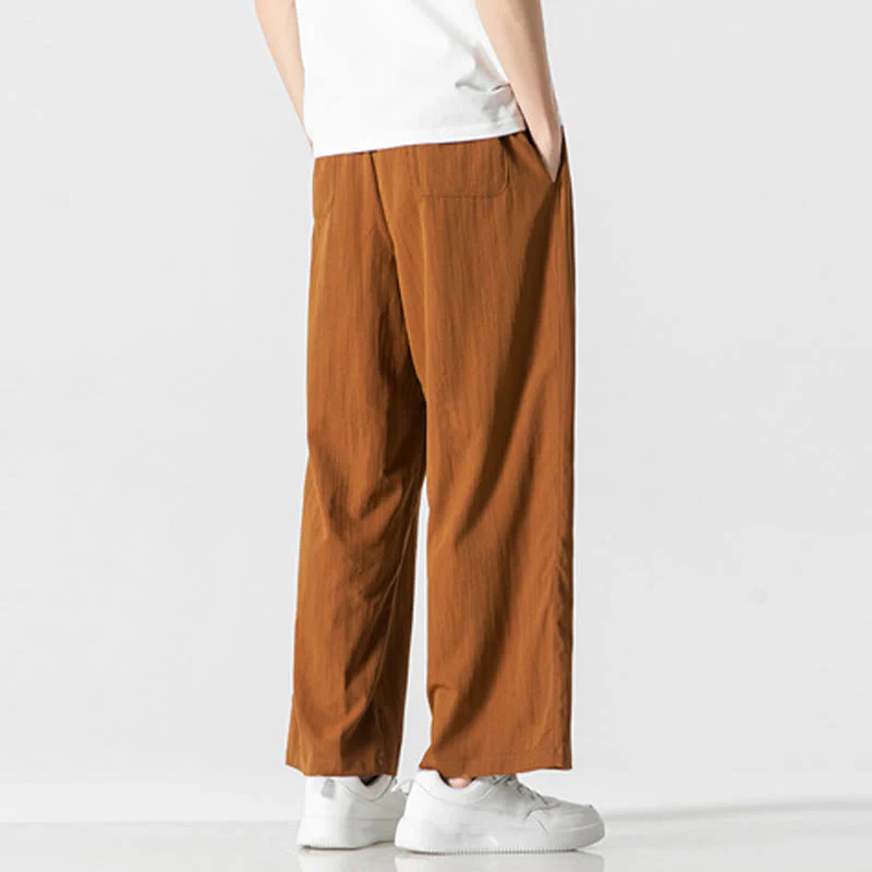 Buddha Stones Summer Casual Plain Straight Leg Design Men's Cotton Linen Drawstring Pants With Pockets