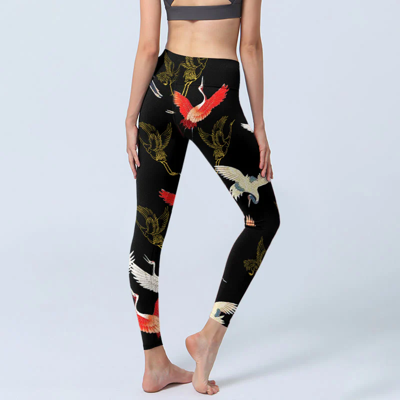 Buddha Stones White Red Gold Cranes Print Gym Leggings Women's Yoga Pants