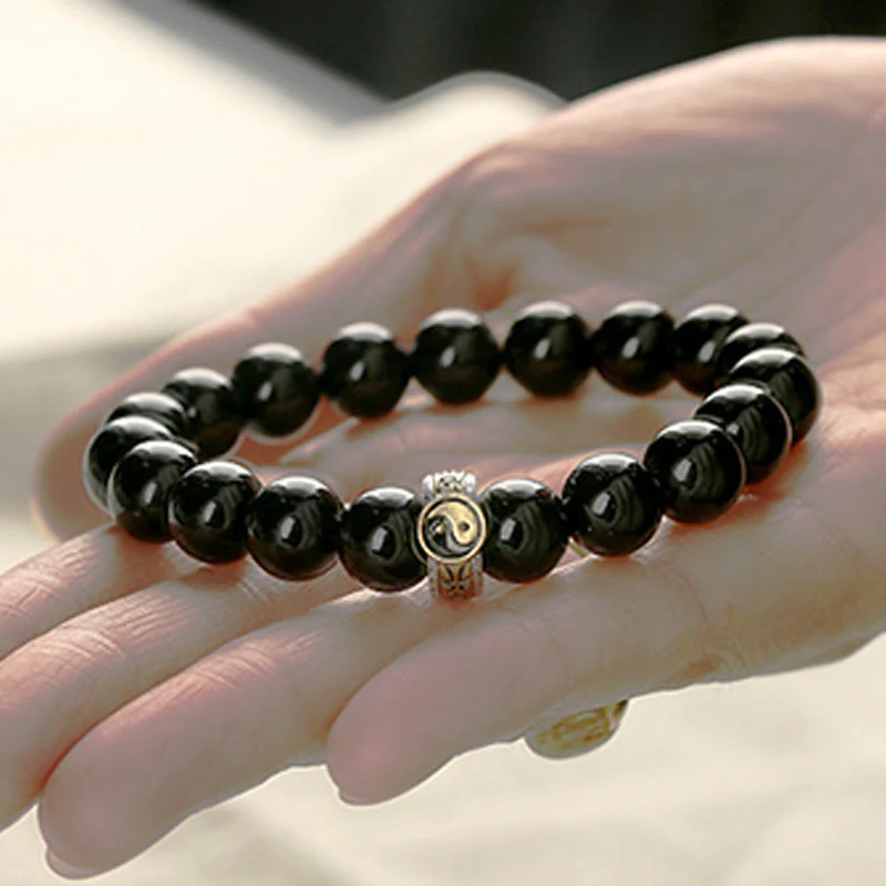 Buddha Stones Black Obsidian Yin Yang Nine-Character Mantra Fulfilment Bracelet