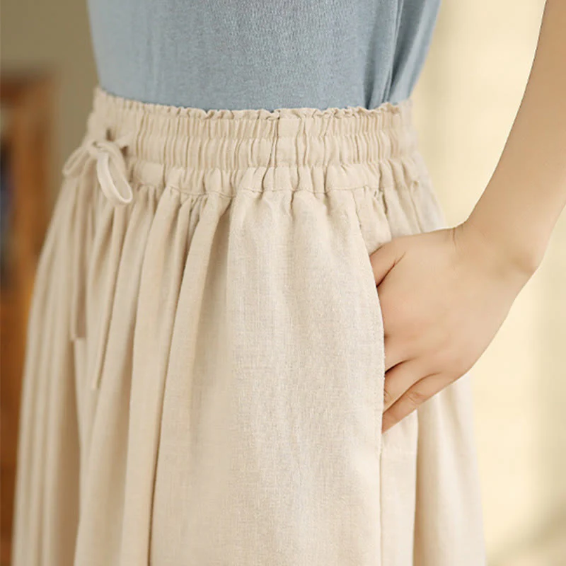 Buddha Stones Spring Embroidery Lace Hem Patchwork Drawstring Design Women's Wide Leg Cotton Pants With Pockets