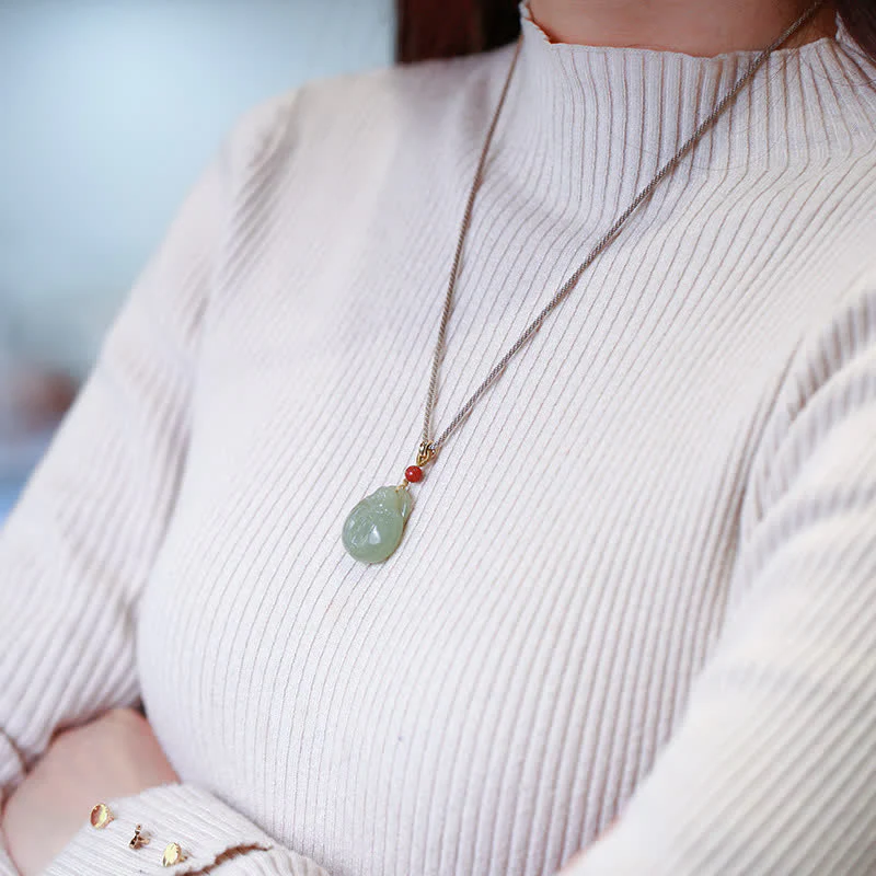 Buddha Stones Laughing Buddha Hetian Jade Wealth Prosperity String Necklace Pendant