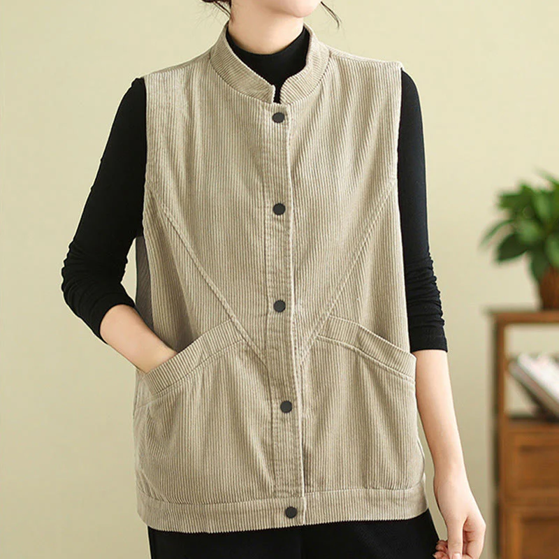 Buddha Stones Plain Sleeveless Women's Cotton Vest Corduroy Waistcoat With Pockets