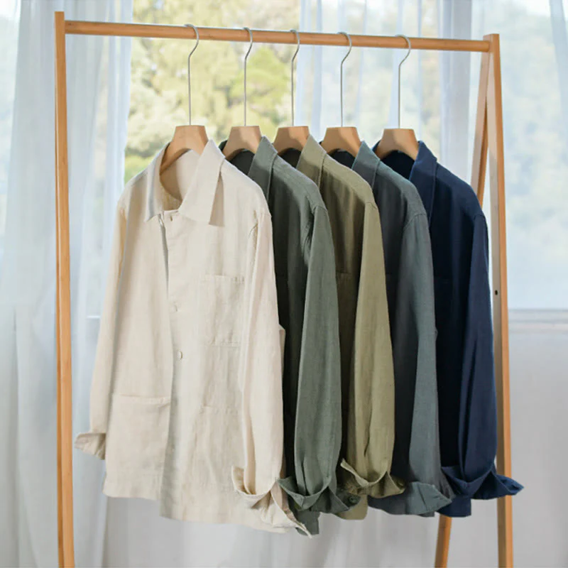 Buddha Stones Commute Men's Plain Buttons Design Cotton Linen Long Sleeve Shirt With Pockets