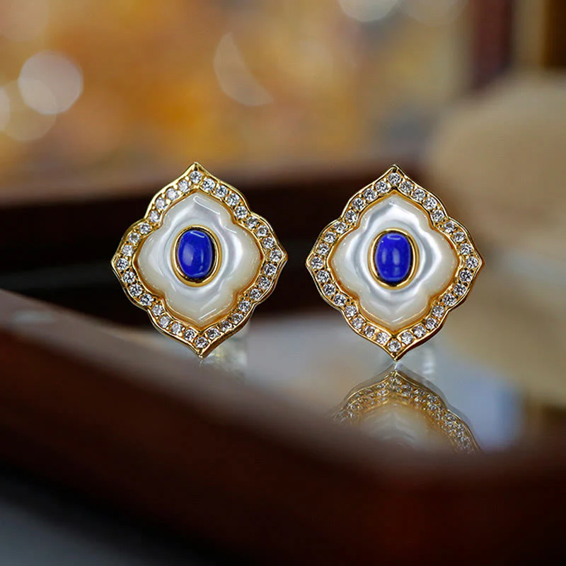 Buddha Stones 925 Sterling Silver Tridacna Stone Lazurite Prismatic Design Blessing Earrings Necklace Pendant Jewelry Set