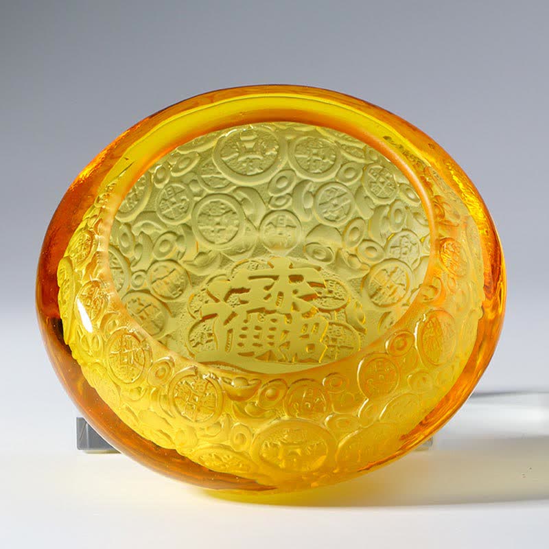 Buddha Stones Handmade Liuli Crystal Treasure Bowl Ingots Art Piece Home Decoration