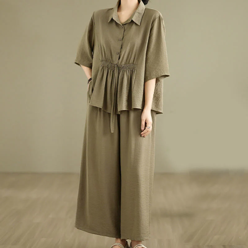 Buddha Stones 2pcs Casual Women's Stand Collar Shirt Loose Pants Meditation Clothing Set