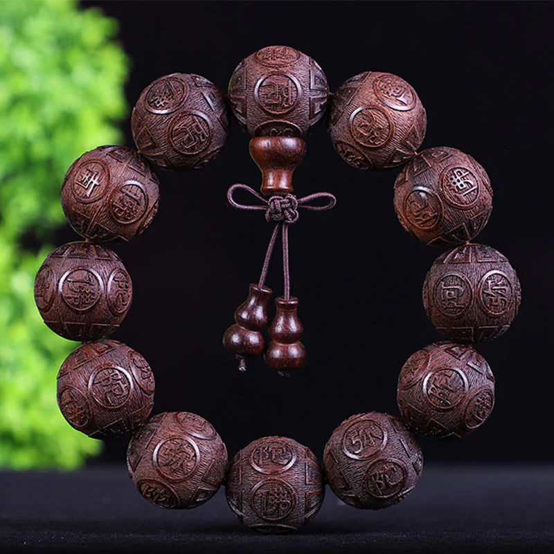 Buddha Stones Chinese Zodiac Rosewood Ebony Copper Coin PiXiu Carved Warmth Bracelet