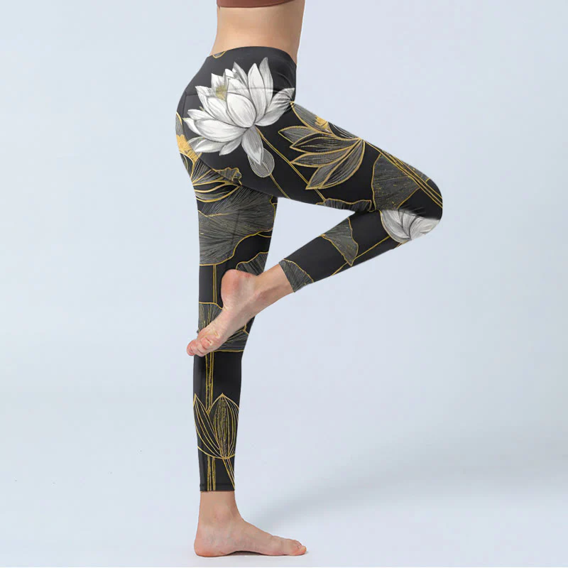 Buddha Stones White Golden Lotus Leaves Print Gym Leggings Women's Yoga Pants