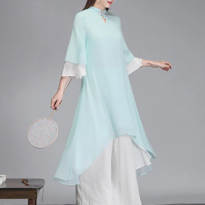 Buddha Stones Solid Women's Three Quarter Sleeve Chiffon Irregular Shirt Dress Wide Leg Pants Meditation Clothing
