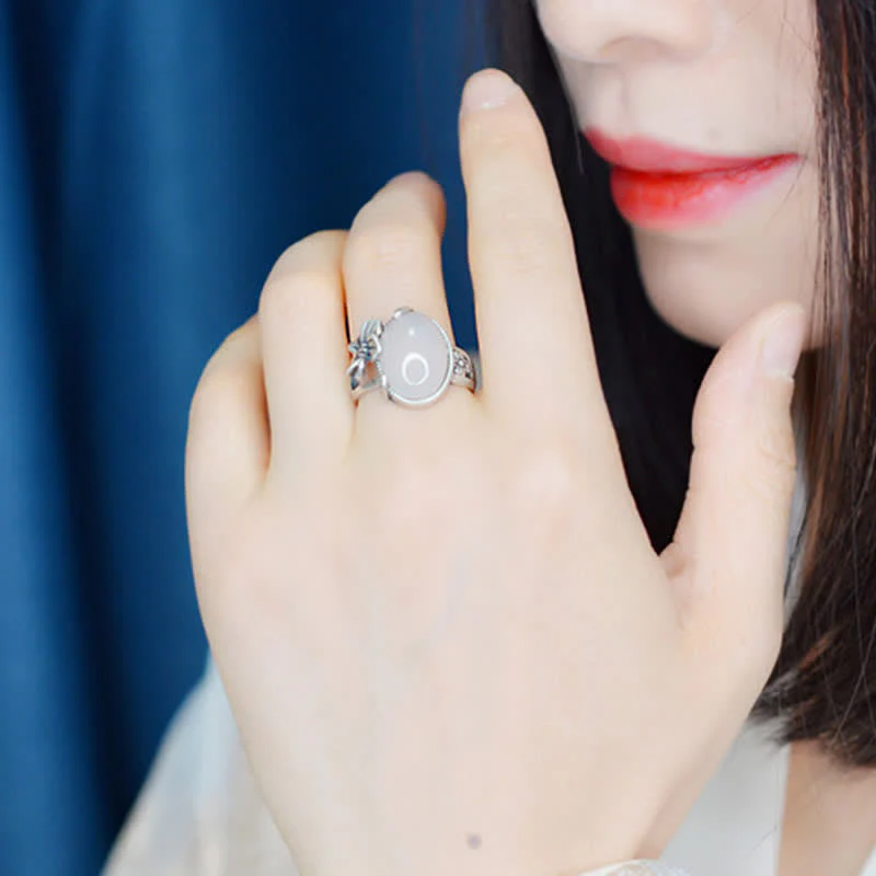 Buddha Stones 990 Sterling Silver Natural Chalcedony Plum Positive Harmony Ring