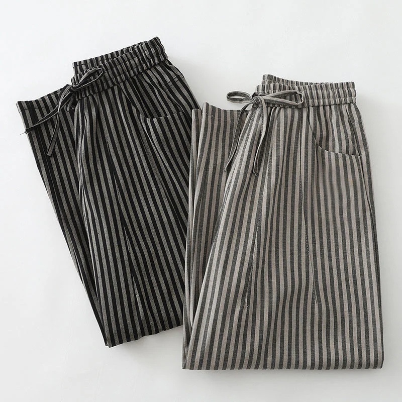 Buddha Stones Commute Striped Drawstring Design Women's Wide Leg Cotton Pants With Pockets