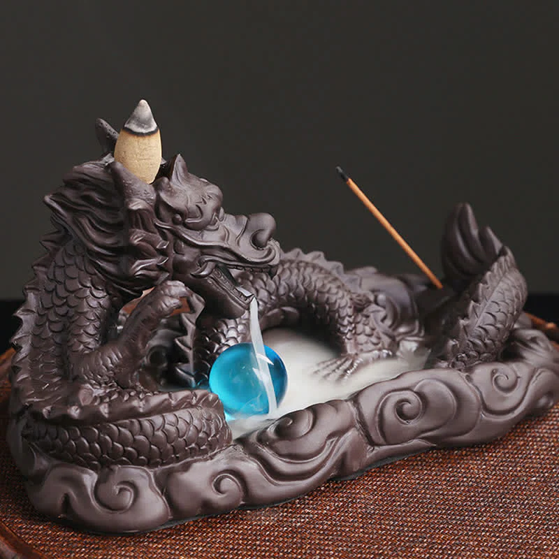 Buddha Stones Dragon Playing Ball Flower Protection Incense Burner Decoration