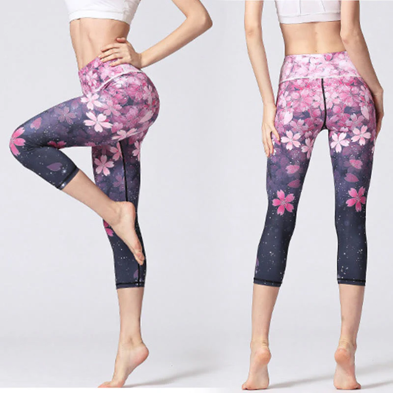 Buddha Stones Cherry Blossoms Sakura Lines Print Sports Yoga Cropped Leggings Women's Yoga Capri Pants