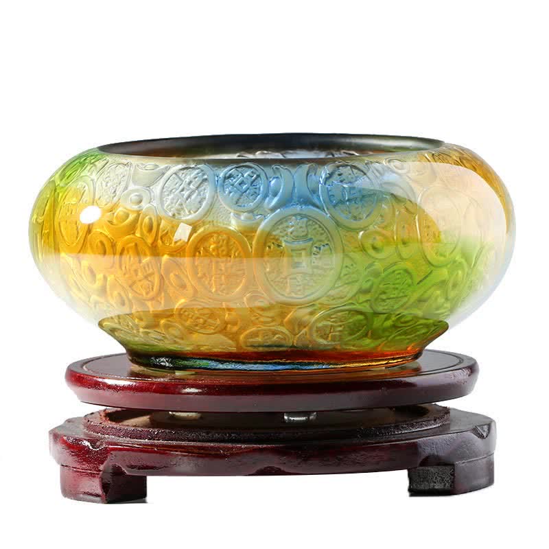 Buddha Stones Handmade Liuli Crystal Treasure Bowl Ingots Art Piece Home Decoration