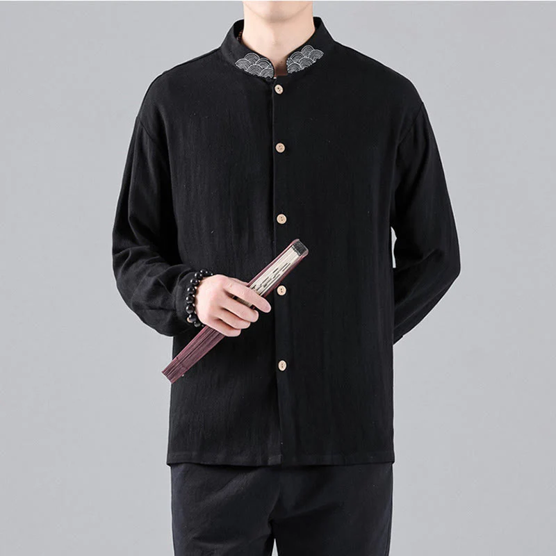 Buddha Stones Embroidered Auspicious Clouds Stand Collar Button Down Long Sleeve Men's Cotton Shirt