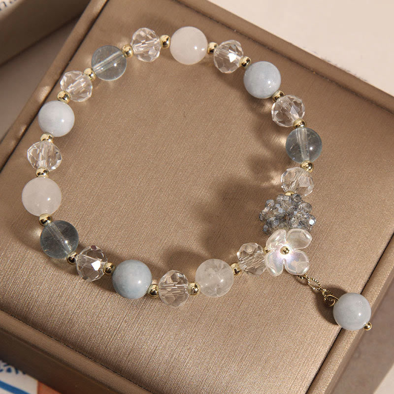 Buddha Stones Aquamarine Yellow Cat's Eye Stone Flower Peace Bracelet