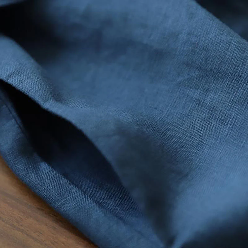 Buddha Stones Casual Plain Lace-up Stand Collar Linen Midi Dress With Pockets