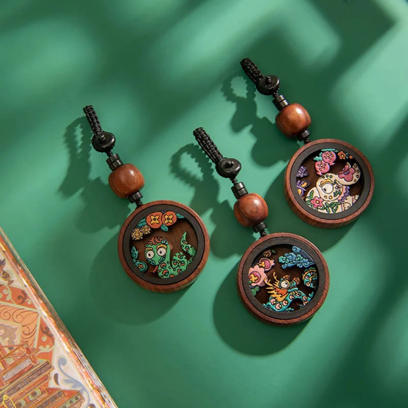 Buddha Stones Year Of The Dragon Hand Painted Chinese Zodiac Rosewood Carved Calm Key Chain