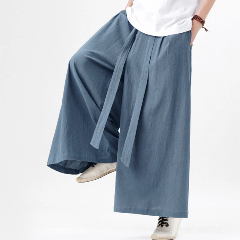 Buddha Stones Spring Casual Sports Drawstring Design Men's Cotton Linen Wide Leg Pants With Pockets
