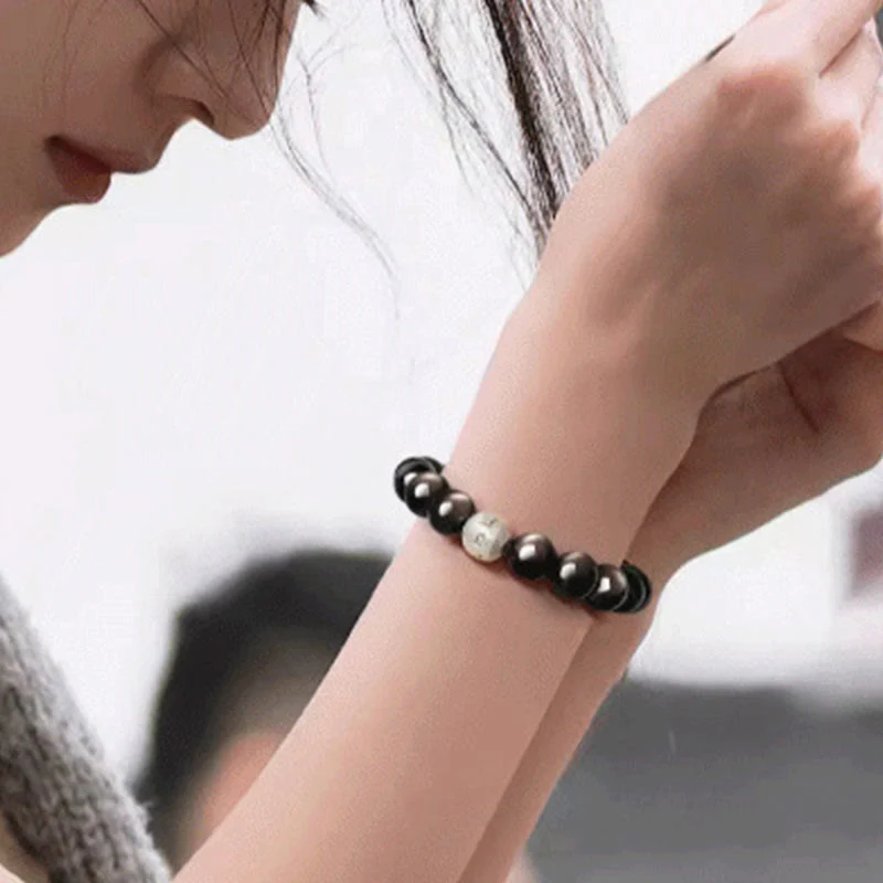 Buddha Stones Natural Silver Sheen Obsidian Om Mani Padme Hum Protection Bracelet