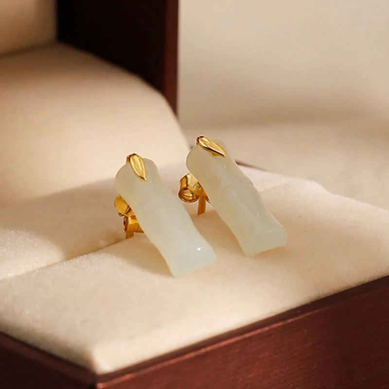 Buddha Stones Bamboo Hetian Jade 925 Sterling Silver Leaf Wealth Earrings