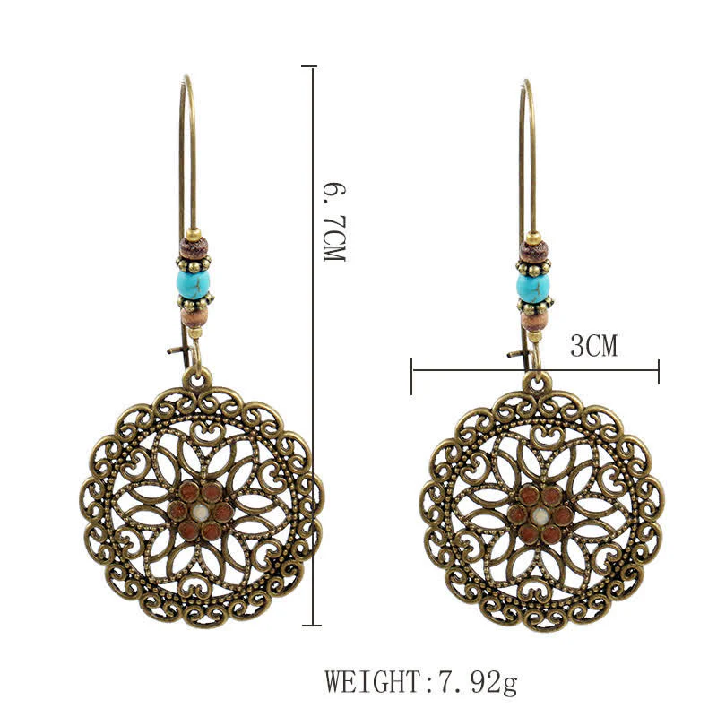 Buddha Stones Round Flower Design Luck Dangle Drop Earrings