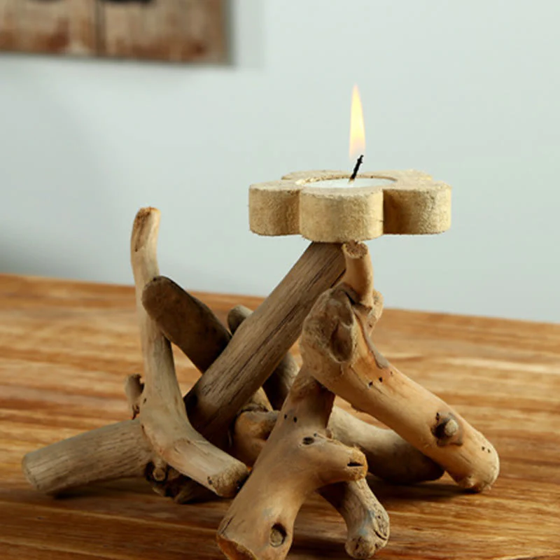 Buddha Stones Flower Pattern Wood Candlestick Home Candle Holder Decoration