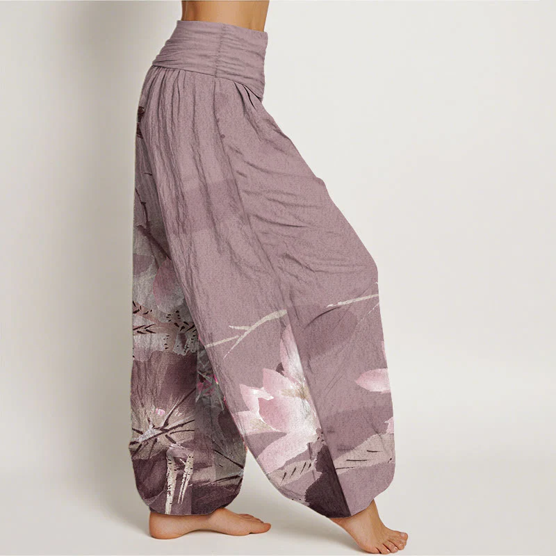 Buddha Stones Pure Cotton Pink Lotus Leaves Bird Pattern Women's Elastic Waist Harem Pants