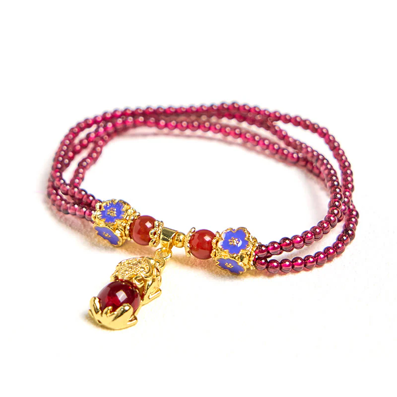 Buddha Stones Natural 3mm Garnet Beads PiXiu Flower Purification Multilayer Bracelet