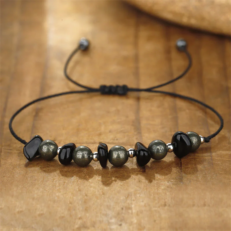 Buddha Stones I Am Protected Iron Pyrite Black Obsidian Fulfillment Bracelet
