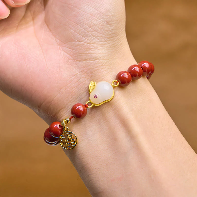 Buddha Stones Cinnabar Rabbit Bunny Fu Character Blessing Bracelet