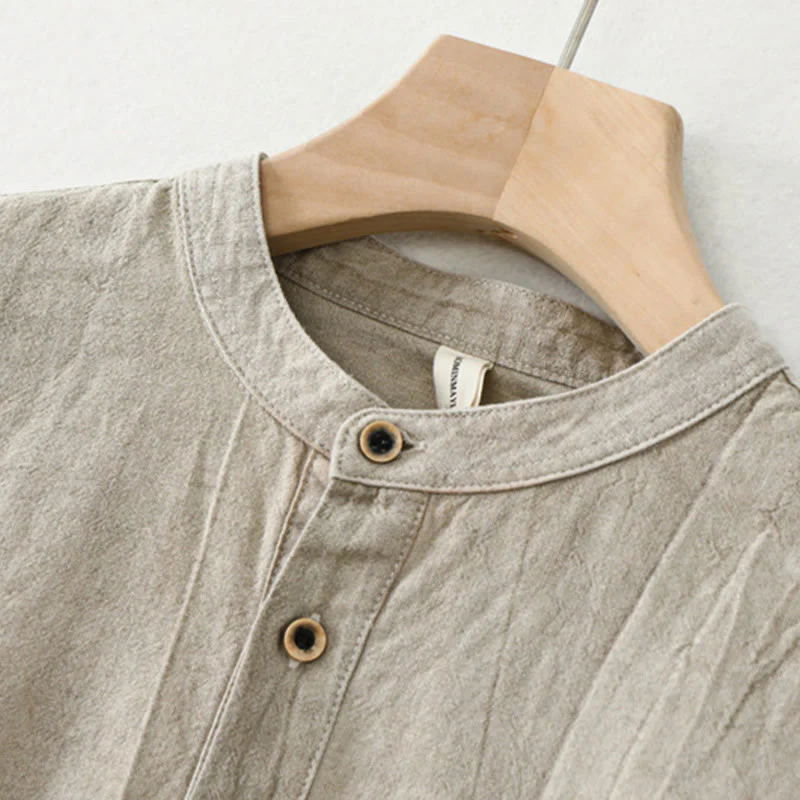 Buddha Stones Plain Pleats Half Buttons Design Stand Collar Men's Long Sleeve Cotton Linen Shirt